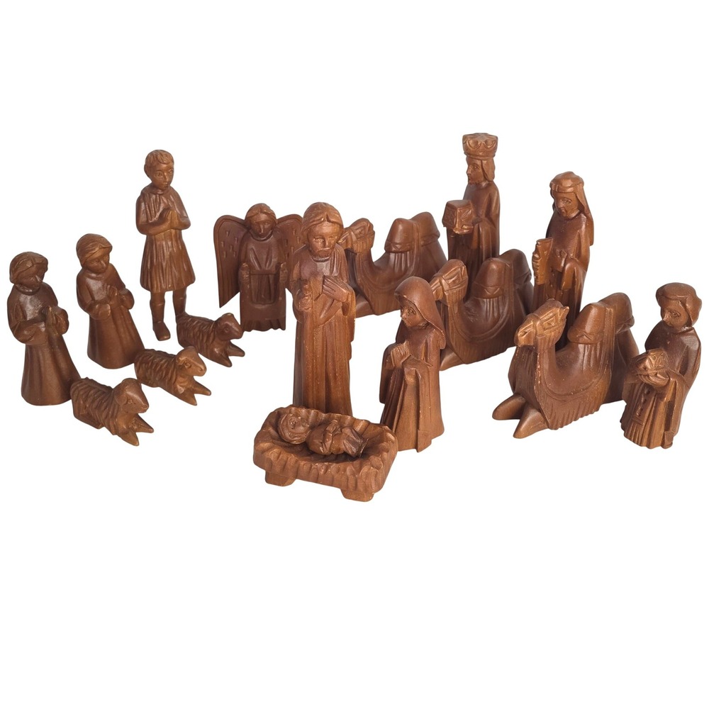 16 Piece Hand Carved Wooden Nativity Set Christmas Manger Scene MCM Folk Art